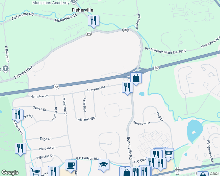 map of restaurants, bars, coffee shops, grocery stores, and more near 3708 Humpton Road in Downingtown
