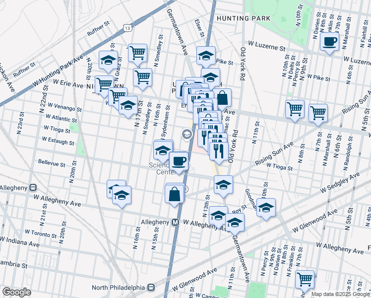 map of restaurants, bars, coffee shops, grocery stores, and more near 3500 North Broad Street in Philadelphia