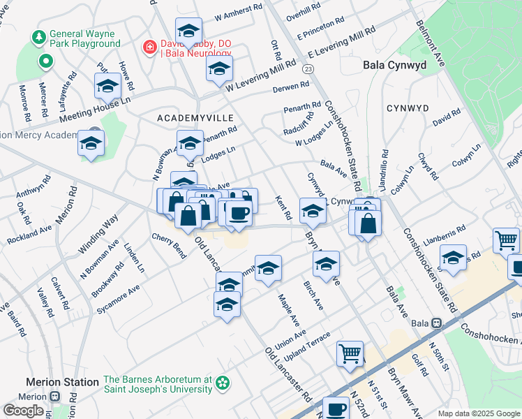 map of restaurants, bars, coffee shops, grocery stores, and more near 108 Llanfair Road in Bala Cynwyd