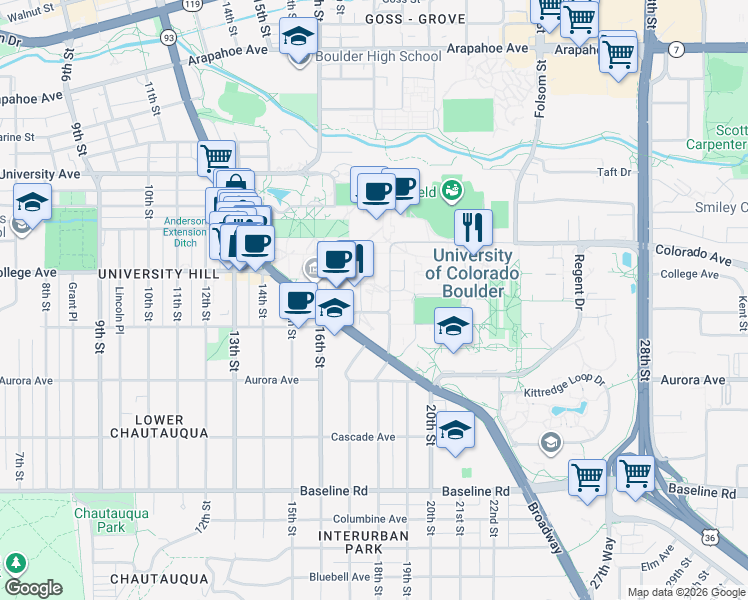 map of restaurants, bars, coffee shops, grocery stores, and more near 1060 18th Street in Boulder