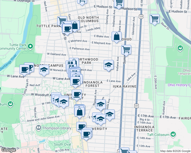 map of restaurants, bars, coffee shops, grocery stores, and more near in Columbus