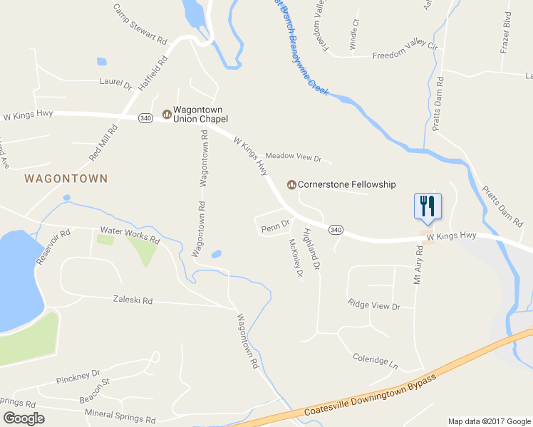 map of restaurants, bars, coffee shops, grocery stores, and more near 113 Penn Drive in Coatesville