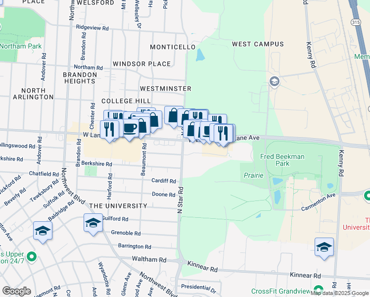 map of restaurants, bars, coffee shops, grocery stores, and more near 1397 West Lane Avenue in Columbus