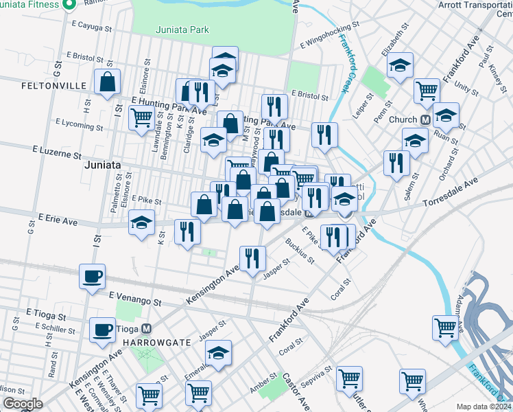 map of restaurants, bars, coffee shops, grocery stores, and more near 3900 Castor Avenue in Philadelphia