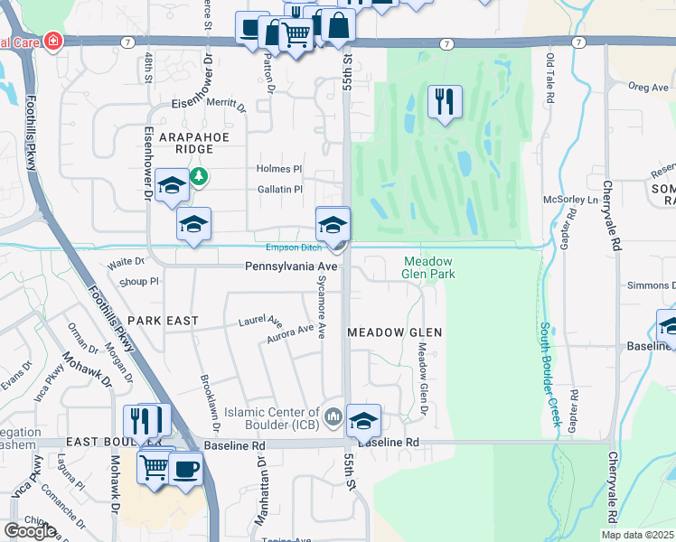 map of restaurants, bars, coffee shops, grocery stores, and more near 1084 Sycamore Avenue in Boulder