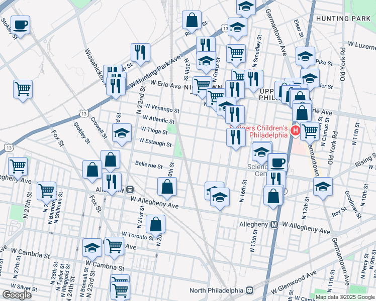 map of restaurants, bars, coffee shops, grocery stores, and more near 3408 North 19th Street in Philadelphia