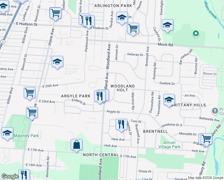 map of restaurants, bars, coffee shops, grocery stores, and more near 1867 Jermain Drive in Columbus