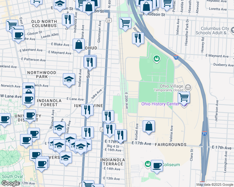 map of restaurants, bars, coffee shops, grocery stores, and more near 474 East Norwich Avenue in Columbus