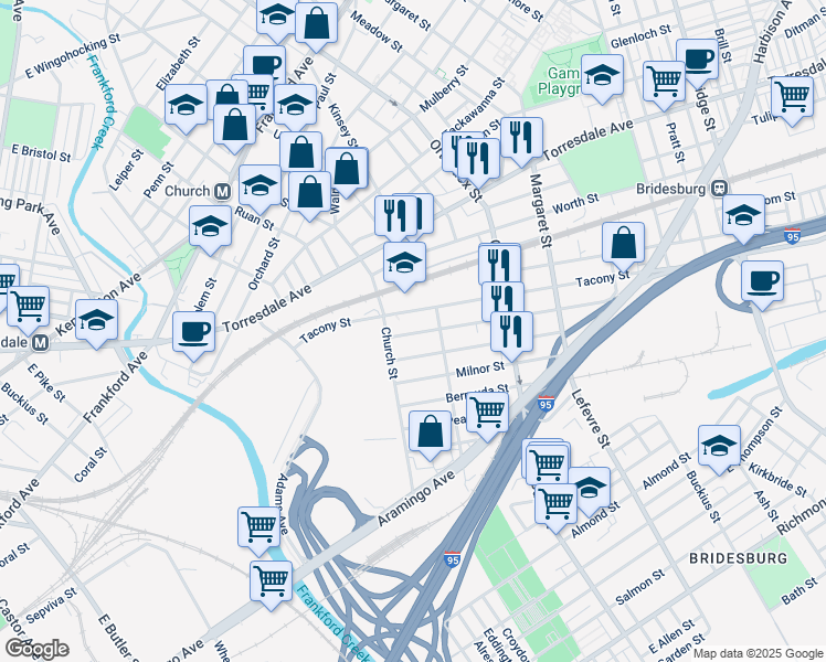 map of restaurants, bars, coffee shops, grocery stores, and more near 4320 Melrose Street in Philadelphia