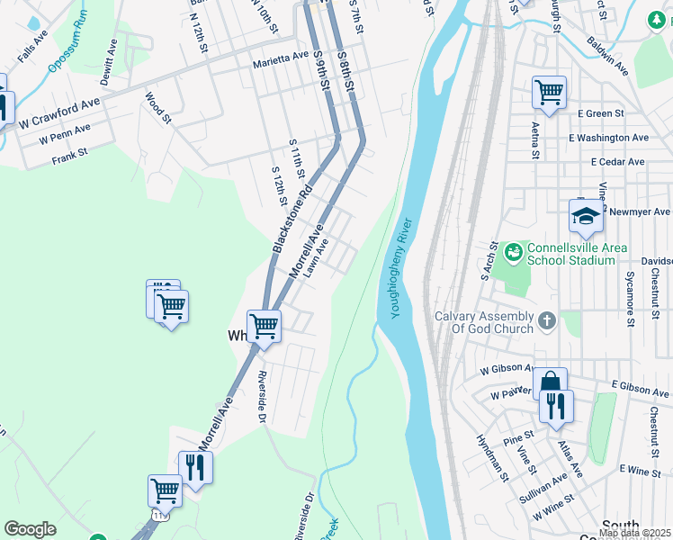 map of restaurants, bars, coffee shops, grocery stores, and more near Greenwood Heights in Connellsville