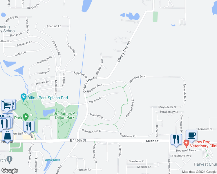 map of restaurants, bars, coffee shops, grocery stores, and more near 6625 Braemar Avenue North in Noblesville