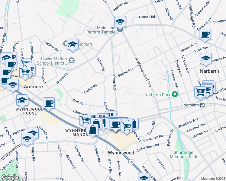map of restaurants, bars, coffee shops, grocery stores, and more near 352 Penn Road in Wynnewood