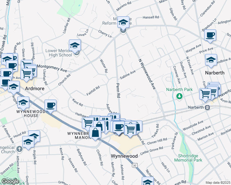 map of restaurants, bars, coffee shops, grocery stores, and more near 352 Penn Road in Wynnewood