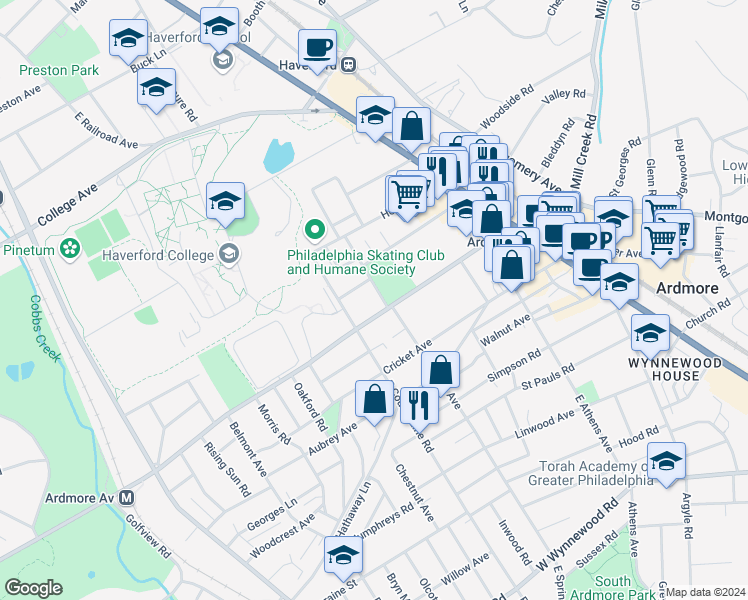 map of restaurants, bars, coffee shops, grocery stores, and more near 108 West Spring Avenue in Ardmore