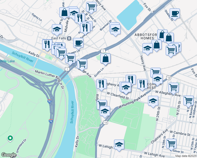 map of restaurants, bars, coffee shops, grocery stores, and more near 3525 West Allegheny Avenue in Philadelphia
