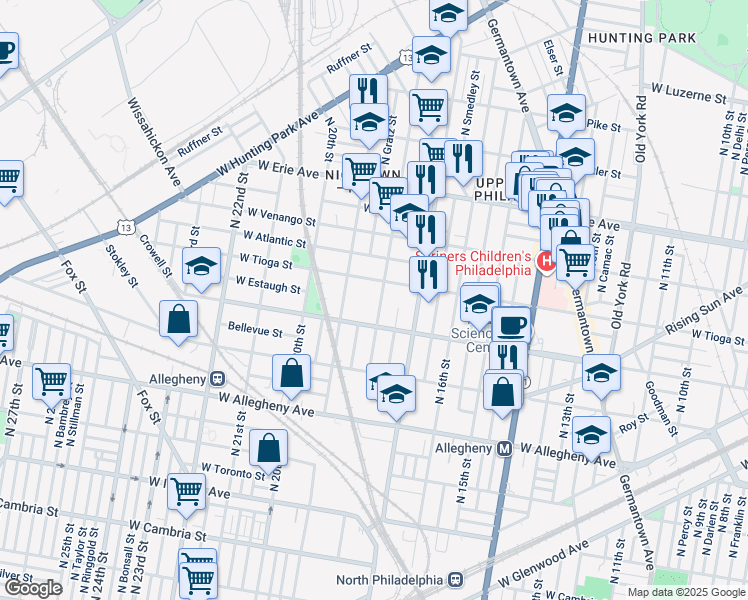 map of restaurants, bars, coffee shops, grocery stores, and more near 3432 North 18th Street in Philadelphia