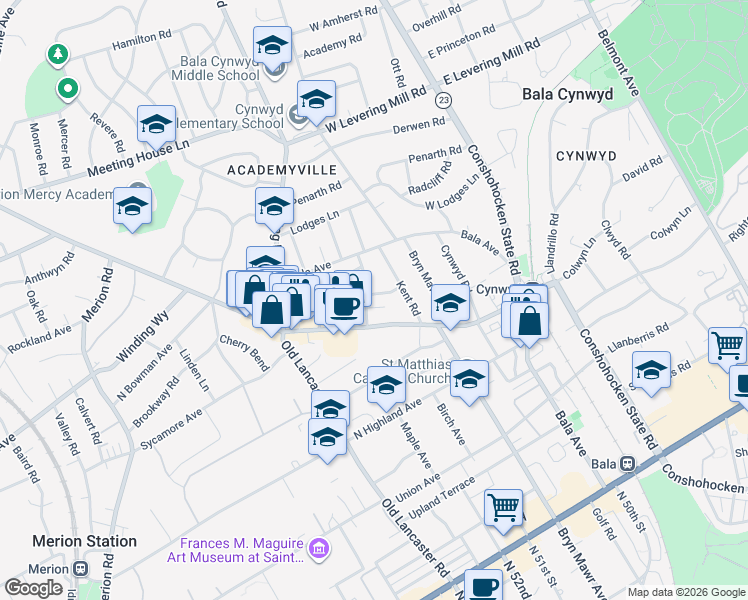 map of restaurants, bars, coffee shops, grocery stores, and more near 108 Llanfair Road in Bala Cynwyd
