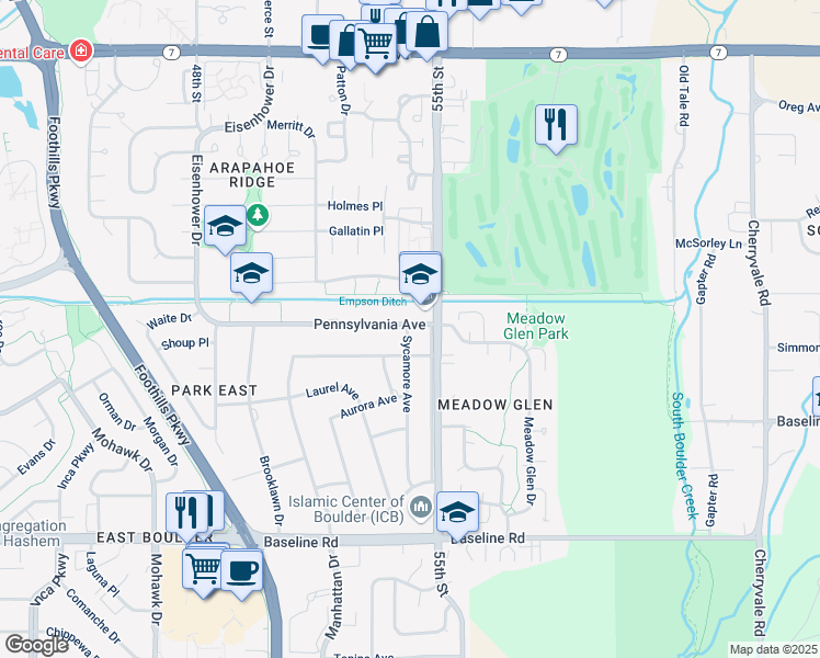 map of restaurants, bars, coffee shops, grocery stores, and more near 1084 Sycamore Avenue in Boulder