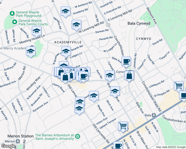 map of restaurants, bars, coffee shops, grocery stores, and more near 104 Llanfair Road in Bala Cynwyd