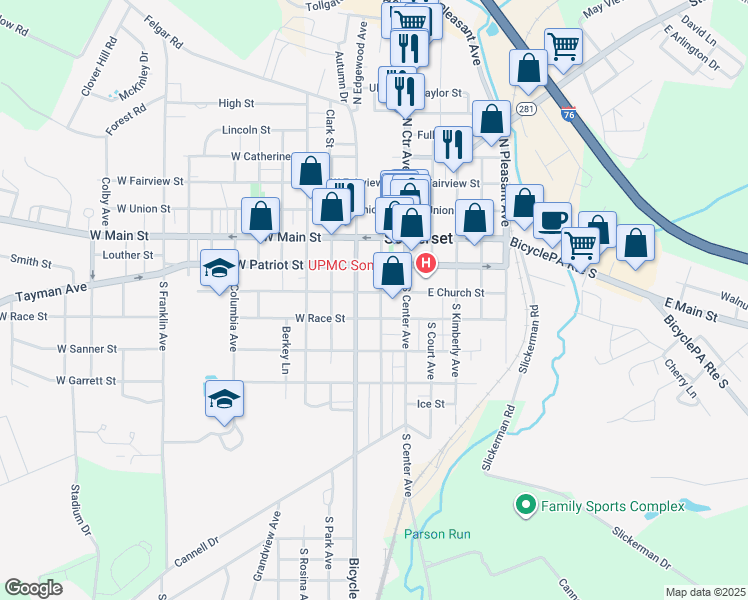 map of restaurants, bars, coffee shops, grocery stores, and more near 145 West Church Street in Somerset