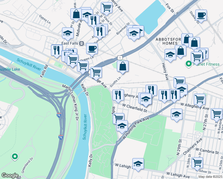 map of restaurants, bars, coffee shops, grocery stores, and more near 3533 West Allegheny Avenue in Philadelphia