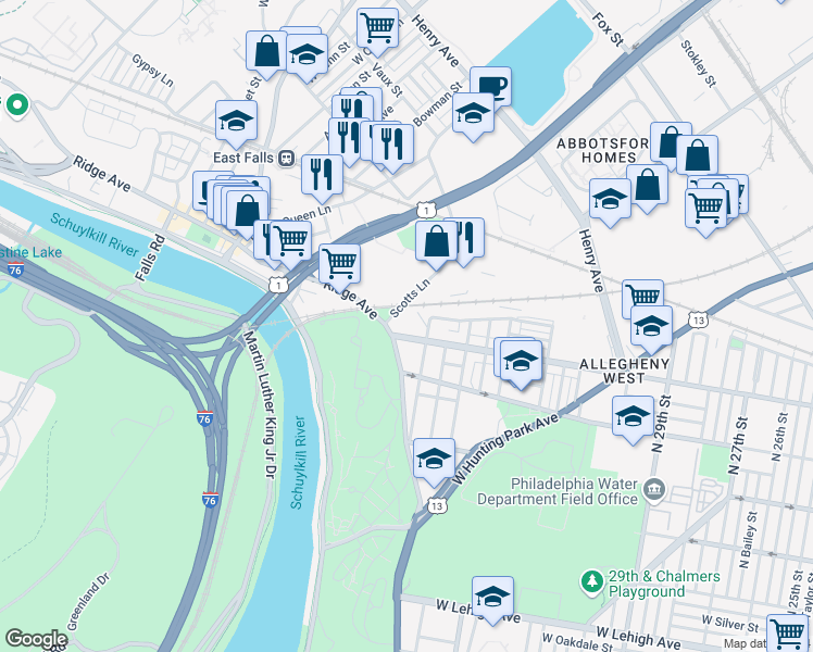 map of restaurants, bars, coffee shops, grocery stores, and more near 3525 West Allegheny Avenue in Philadelphia