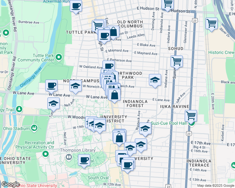 map of restaurants, bars, coffee shops, grocery stores, and more near 30 East Lane Avenue in Columbus