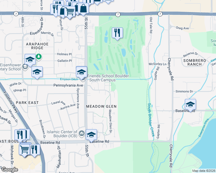map of restaurants, bars, coffee shops, grocery stores, and more near 1078 Love Court in Boulder
