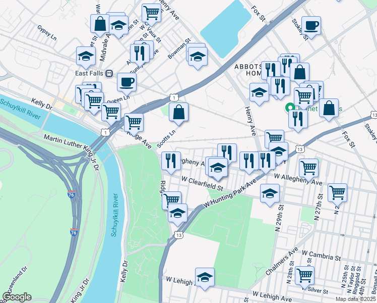 map of restaurants, bars, coffee shops, grocery stores, and more near 3438 West Westmoreland Street in Philadelphia