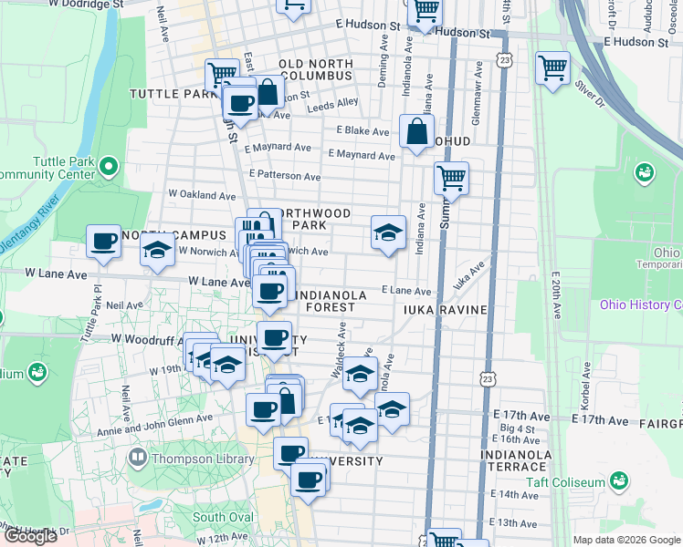 map of restaurants, bars, coffee shops, grocery stores, and more near 2141 Waldeck Avenue in Columbus