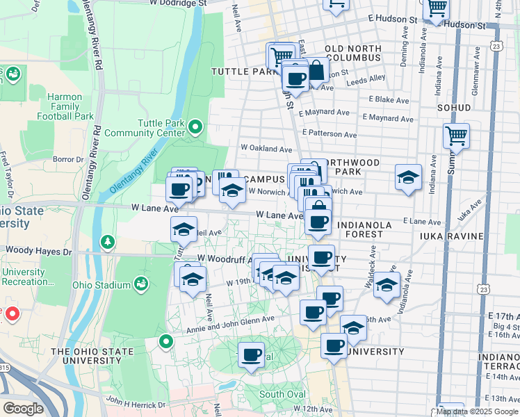 map of restaurants, bars, coffee shops, grocery stores, and more near 112 West Lane Avenue in Columbus