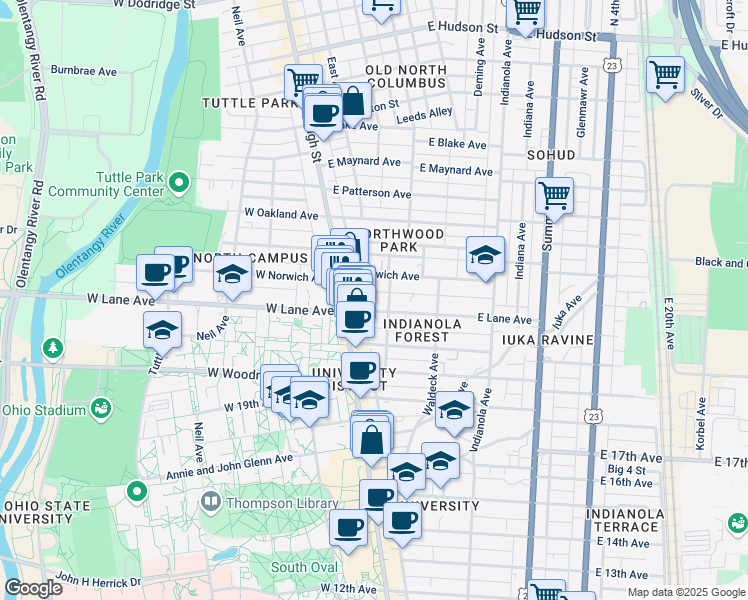 map of restaurants, bars, coffee shops, grocery stores, and more near in Columbus