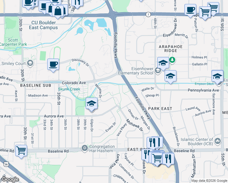 map of restaurants, bars, coffee shops, grocery stores, and more near 4289 Monroe Drive in Boulder