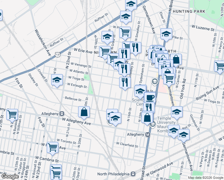 map of restaurants, bars, coffee shops, grocery stores, and more near 1712 West Tioga Street in Philadelphia
