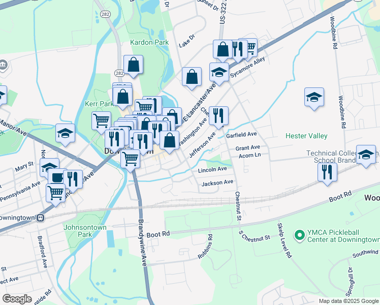 map of restaurants, bars, coffee shops, grocery stores, and more near 309 Jefferson Avenue in Downingtown