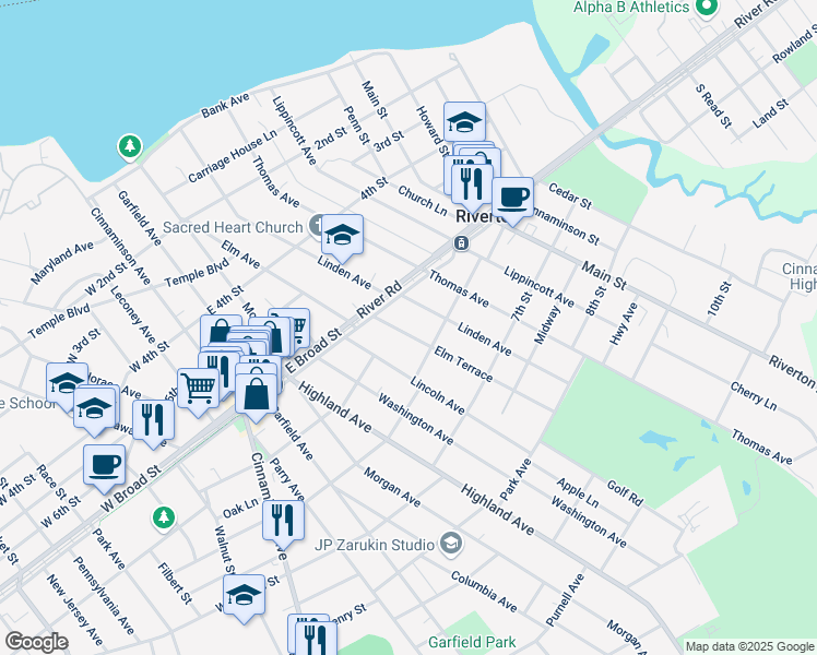 map of restaurants, bars, coffee shops, grocery stores, and more near 609 Elm Terrace in Riverton