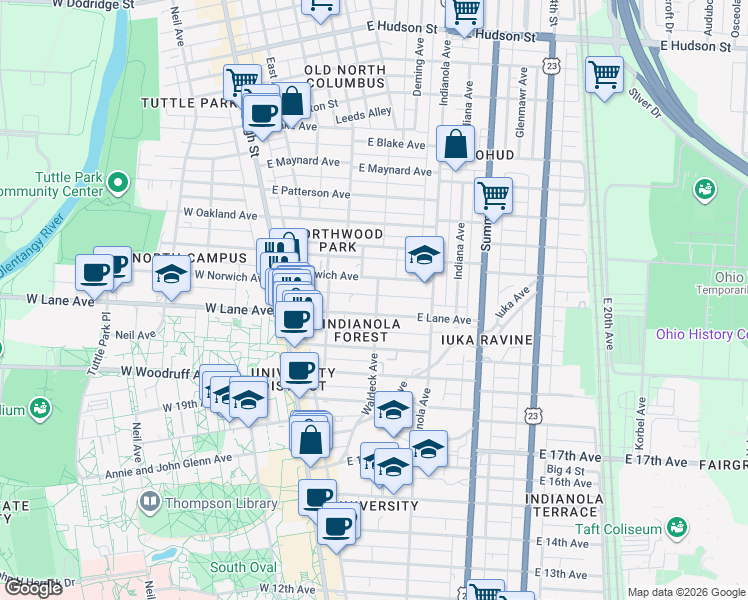 map of restaurants, bars, coffee shops, grocery stores, and more near in Columbus