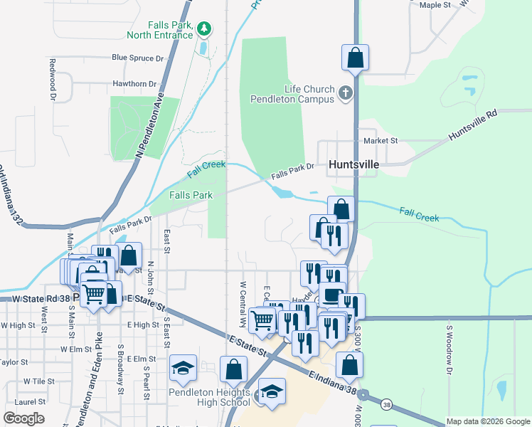map of restaurants, bars, coffee shops, grocery stores, and more near 15 Village Parkway in Pendleton