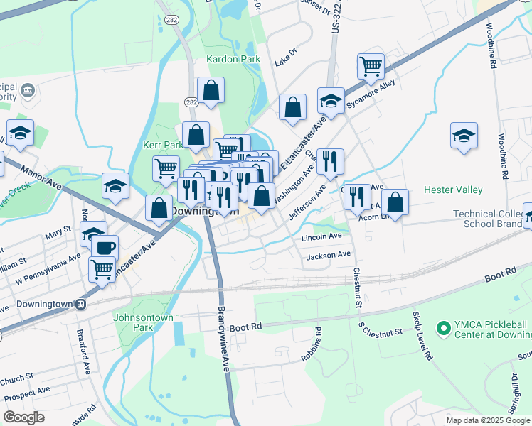 map of restaurants, bars, coffee shops, grocery stores, and more near 8 Cherry Street in Downingtown