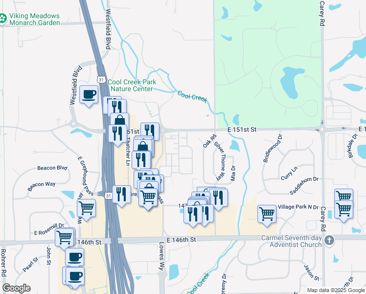 map of restaurants, bars, coffee shops, grocery stores, and more near 2253 East 151st Street in Carmel