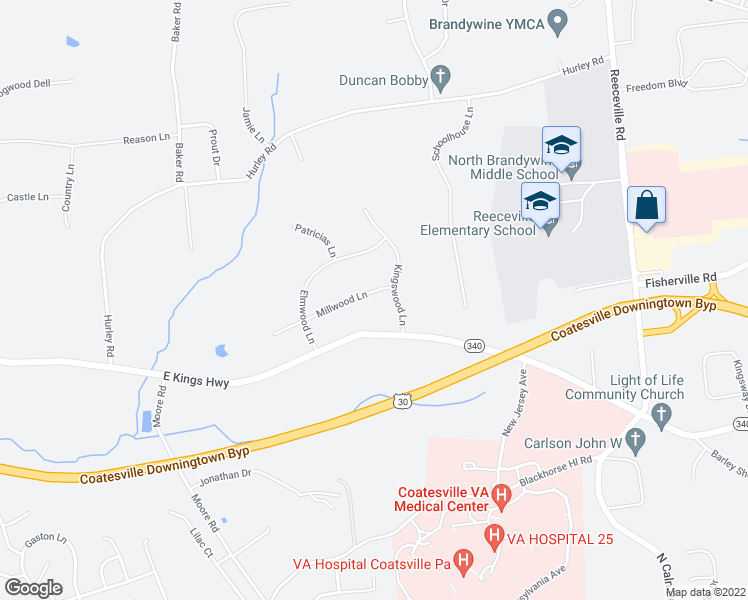 map of restaurants, bars, coffee shops, grocery stores, and more near 410 Millwood Lane in Coatesville