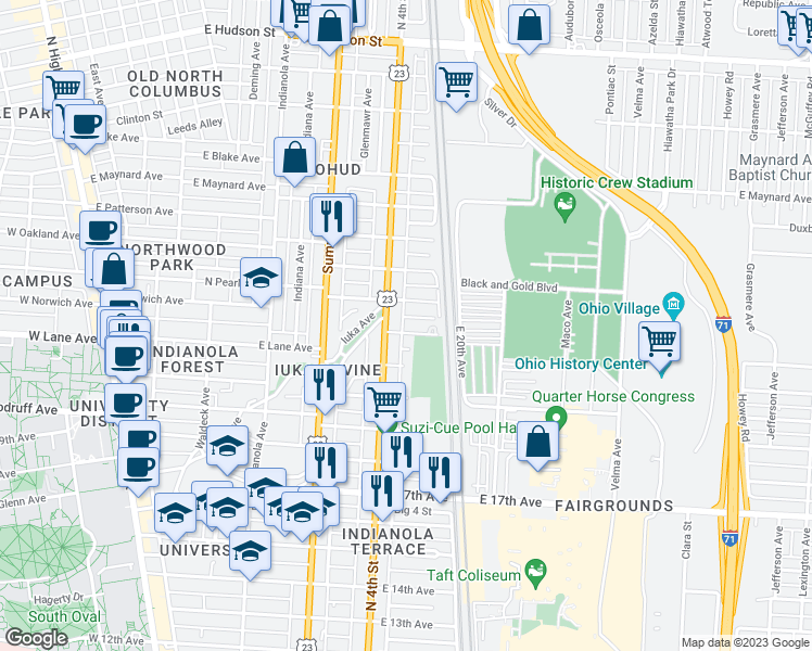 map of restaurants, bars, coffee shops, grocery stores, and more near 438 East Norwich Avenue in Columbus