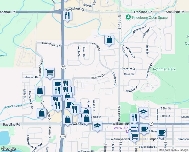 map of restaurants, bars, coffee shops, grocery stores, and more near 609 Westcliff Drive in Lafayette