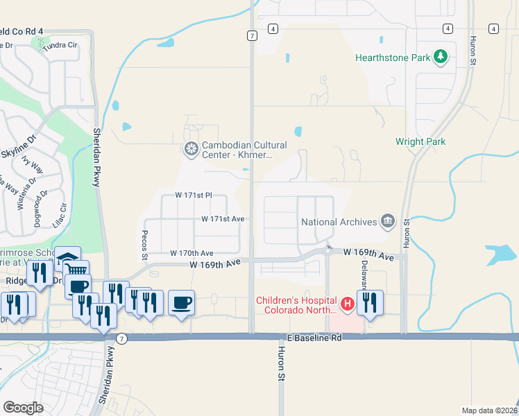 map of restaurants, bars, coffee shops, grocery stores, and more near 17103 Inca Street in Broomfield