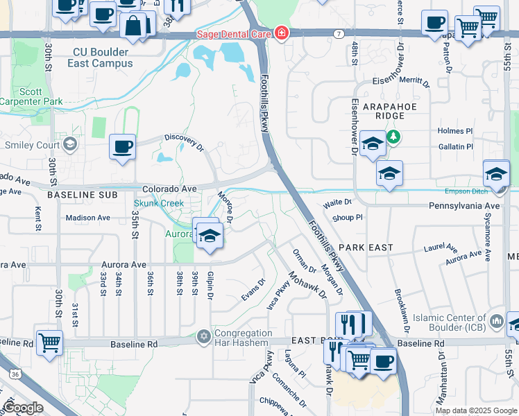 map of restaurants, bars, coffee shops, grocery stores, and more near 4289 Monroe Drive in Boulder