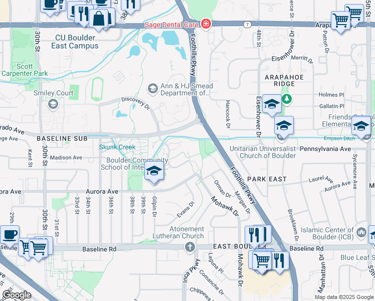 map of restaurants, bars, coffee shops, grocery stores, and more near 1130 Monroe Drive in Boulder