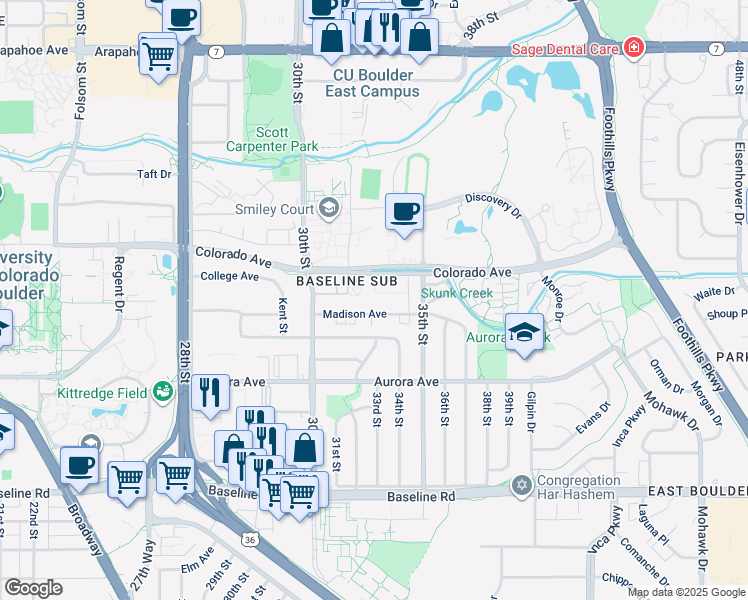 map of restaurants, bars, coffee shops, grocery stores, and more near 3293 Madison Avenue in Boulder