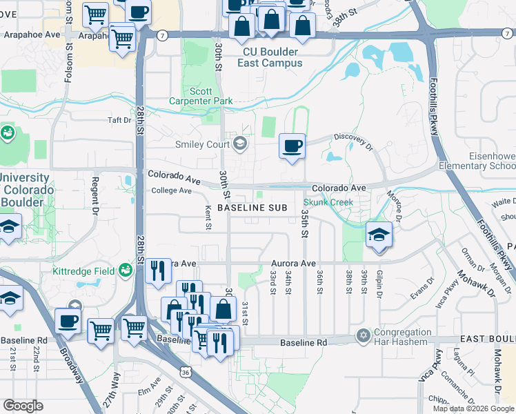 map of restaurants, bars, coffee shops, grocery stores, and more near 3161 Madison Avenue in Boulder