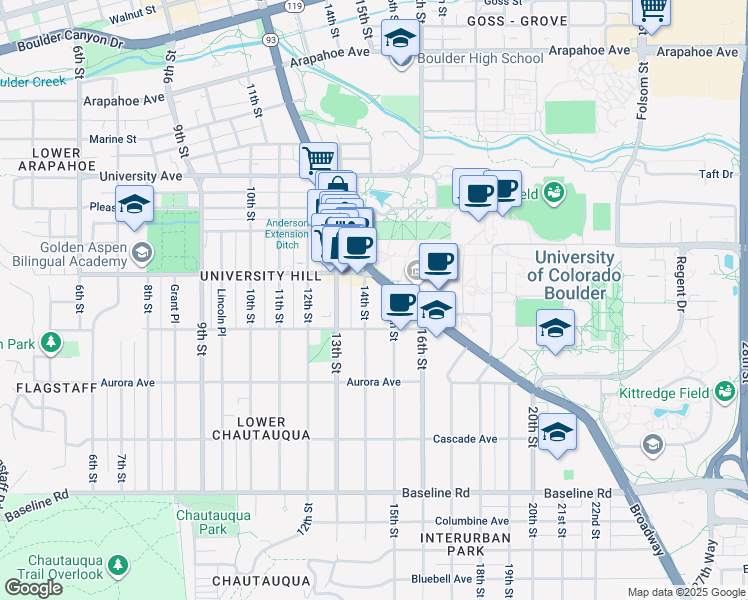 map of restaurants, bars, coffee shops, grocery stores, and more near in Boulder