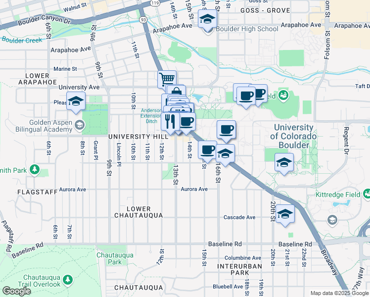 map of restaurants, bars, coffee shops, grocery stores, and more near in Boulder